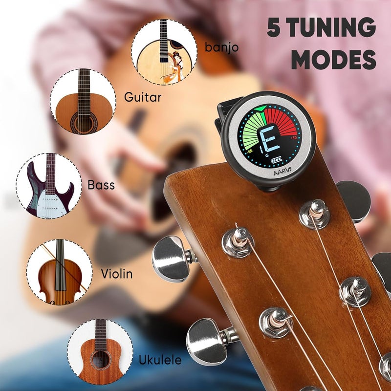 Aarvi Clip on guitar tuner rechargeable, for all instruments, acoustic/electric guitar, ukulele, bass, violin, Banjo, color LCD, semitone tuner, 4 Pack Guitar Picks Included - Image 3